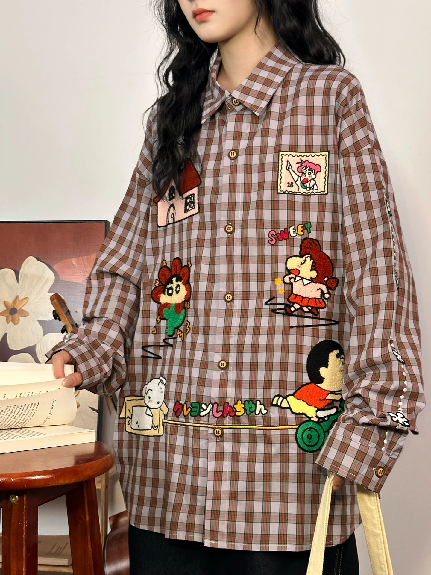 

Original American Retro Cartoon Embroidery Plaid Long Sve Loose Women's irt Comfortable Breathable Cotton Street Sle