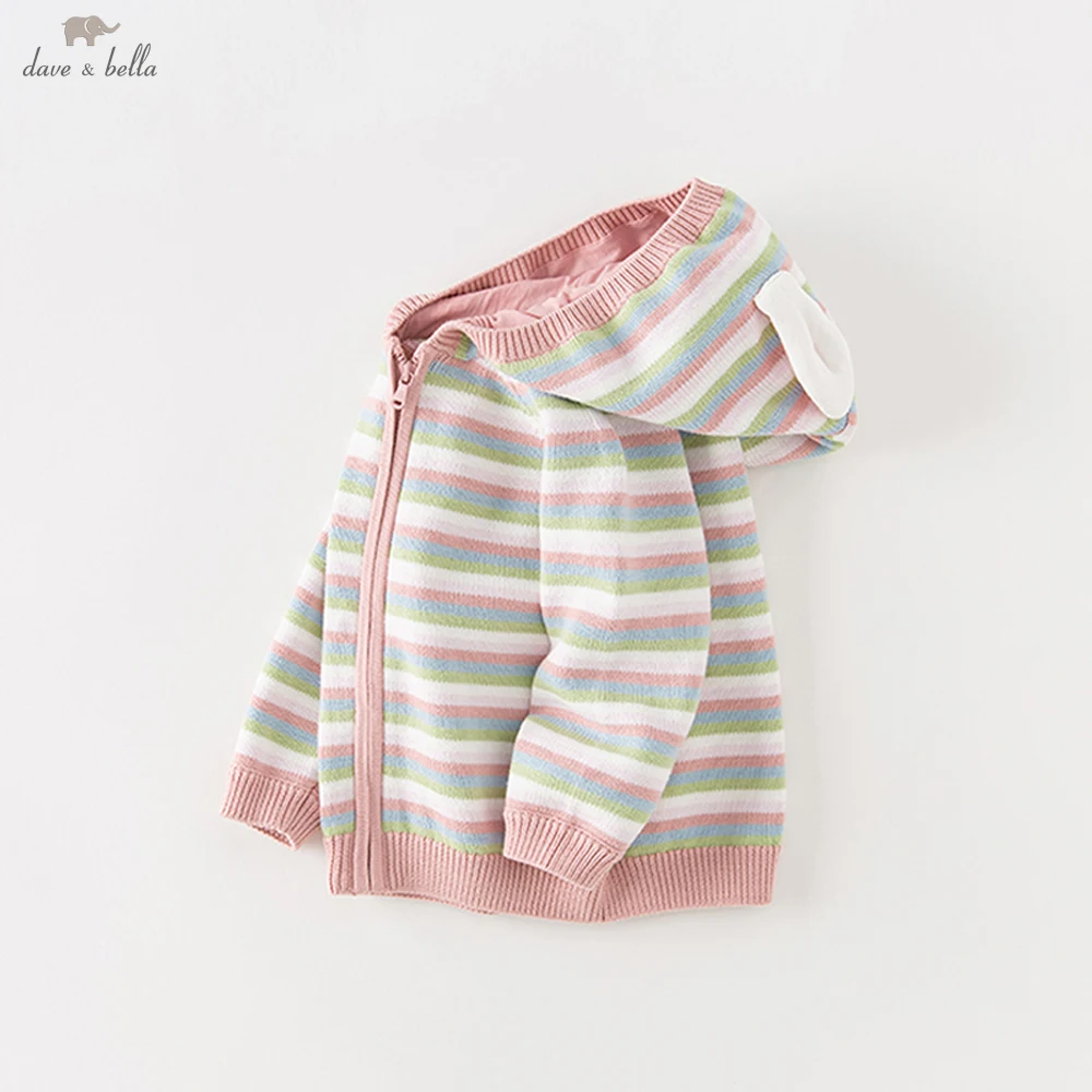 Dave Bella Girls Autumn Winter Hooded Cardigan Sweater for Children Stripe Long Sleeve Knitted Sweater Kids Outwear DB3236100