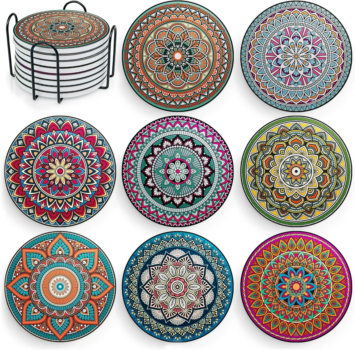 Mandala Ceramic & Cork Coasters Set Essential for Holiday Gatherings Boho Coaster for Daily Family Party Decor All Occasio
