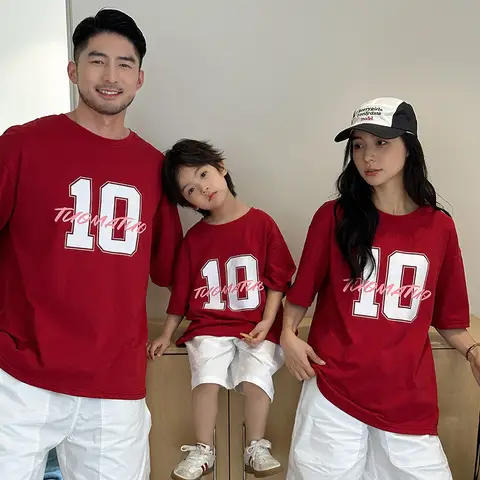 Summer Family Look Red Tee Shirt Cotton Parent-child Clothes Mother Father And Son Daughter Same Short Sleeve T-Shirt Shorts Set