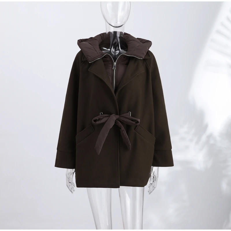 Solid Patchwork Women's Jackets Detachable Hooded Lace Up Pockets Coats Lady Chic Loose Outerwears 2026 Spring Autumn New Coat