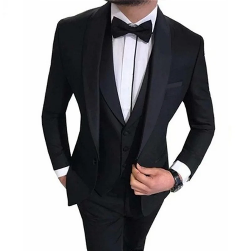 Mens Suits 3 Piece Black Shawl Lapel Casual Tuxedos for Wedding Groomsmen Suits Men 2023(Blazer+Vest+Pant) 2 Piece(Blazer+Pant)