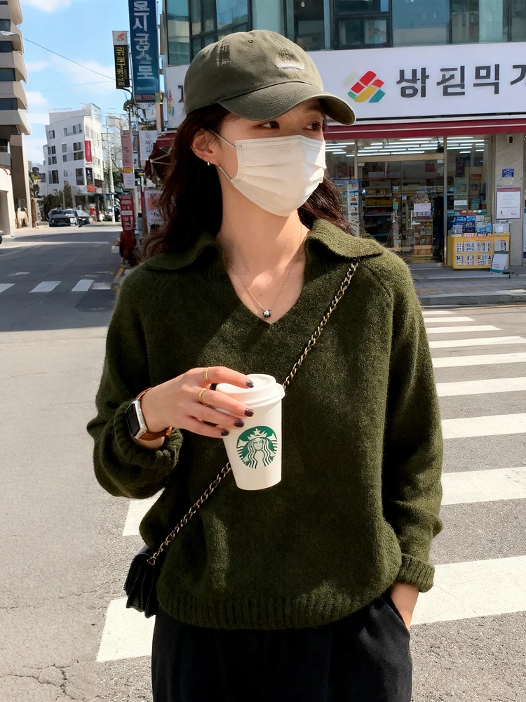 

Свободный шерстяной свитер с V-образным вырезом для женщин, осенне-зимний, облегающий, вязаный, комфортный, мягкий, теплый, с длинными рукавами, топ с круглым вырезом