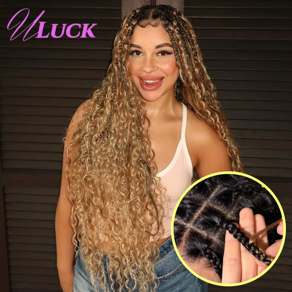

Uluck Highlight Brown Colored Curly Braiding Hair Full Lace Front Wigs Synthetic For Locked-In Braids Pre Plucked Human Hair Wig