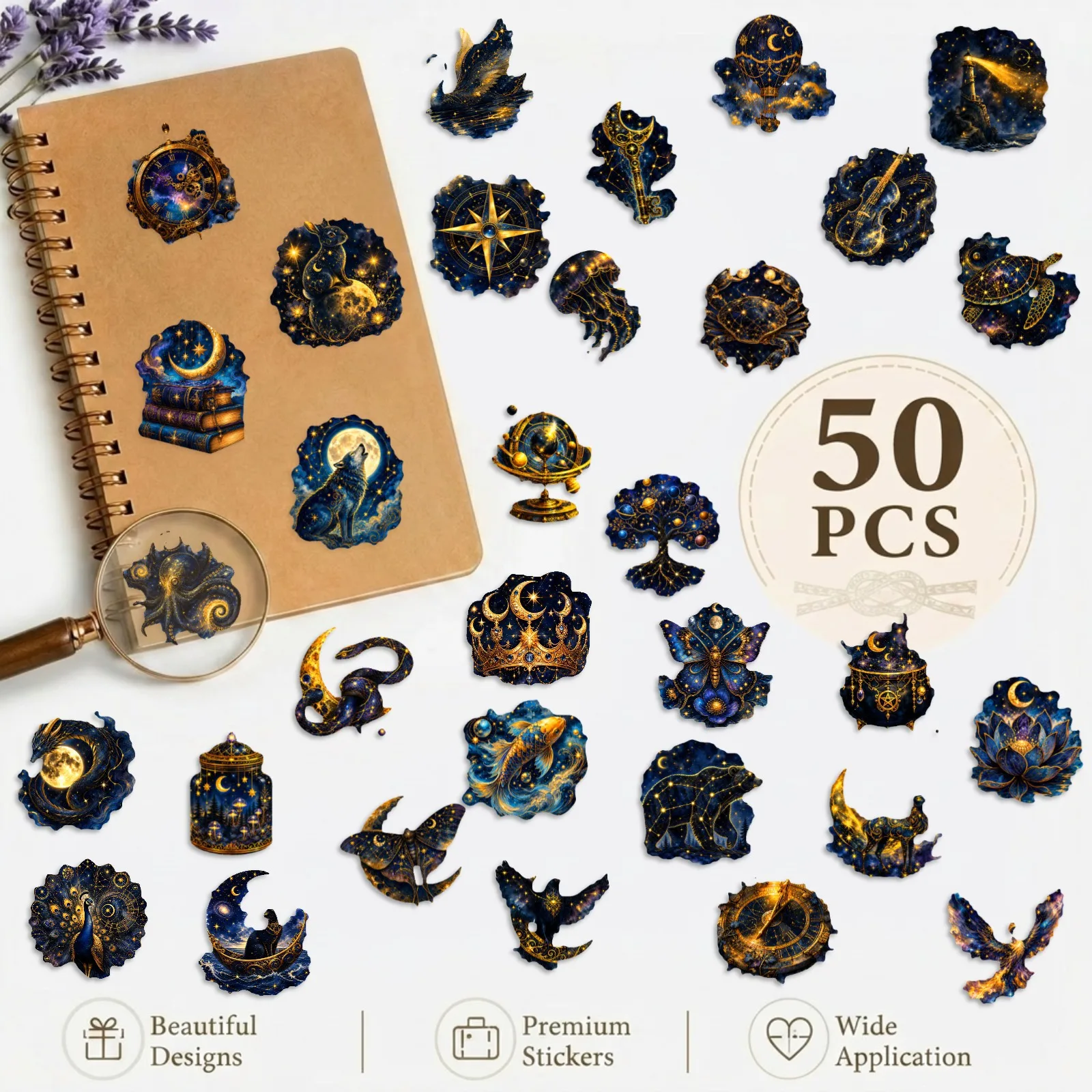 50Pcs Gold Foil Starry Sky PET Stickers Retro Magic Cosmic Crystal Ball Decals Transparent DIY Decor Stickers for Journal