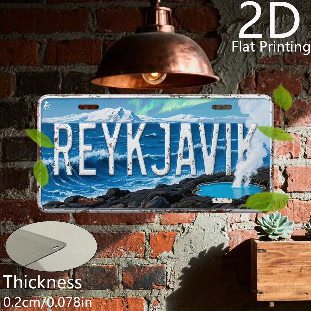 2D Flat,1pc Pack,Vintage Aluminum Sign, Decorative Plaque,Reykjavik Scenery, Aurora Coast Decor, Iceland Nature Art, Living Room