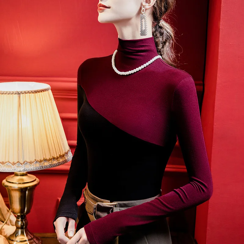 カラーブロックタートルネックトップ女性起毛長袖シャツソフト暖かいベーシックインナーウェアシック 2025 秋冬新着
