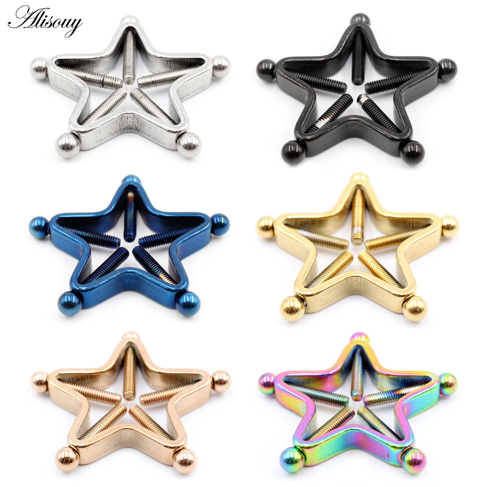 Alisouy 1pc Stainless Steel Sexy Women Star Screw Nipple Clamps Fake Nipple Piercing Jewelry Non Piercing Nipple Ring Shield