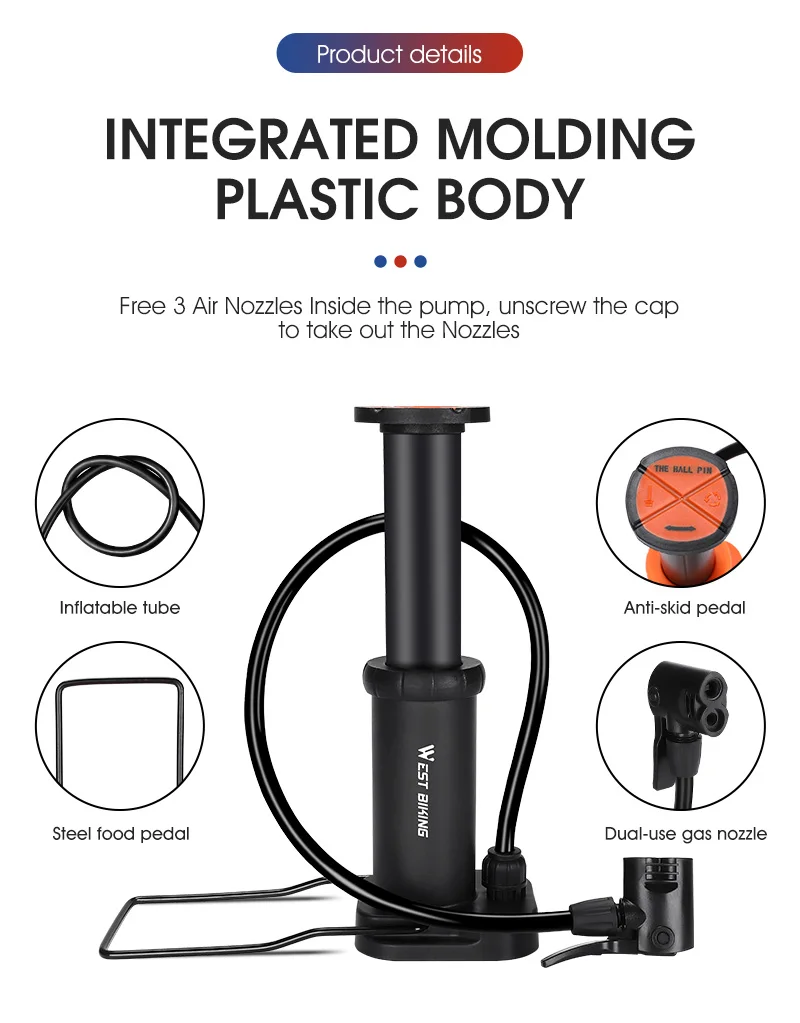 WEST BIKING Mini-Fußpumpe 120 PSI, tragbarer Fahrradreifenfüller für Presta- und Schrader-Ventile, für Radsport, Sportbälle, Fahrradzubehör – Detail 9
