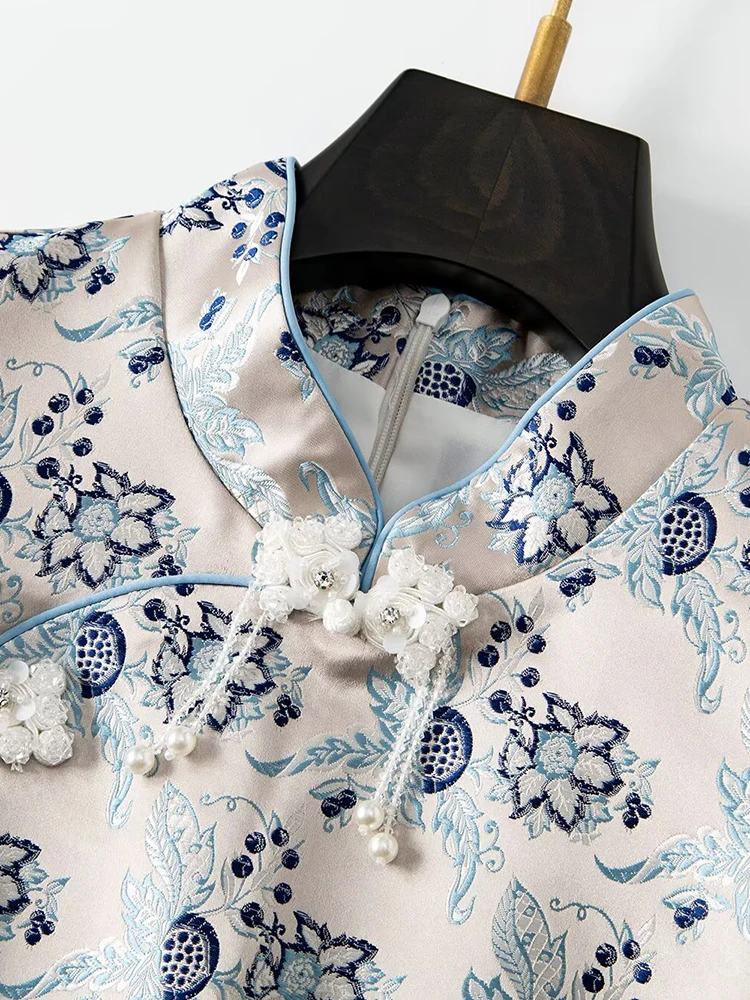 DSFACAIRIJ Vintage Women's Stand Collar Sleeveless Discoid Button Beaded Jacquard Mini Dress Summer Fashion for Females