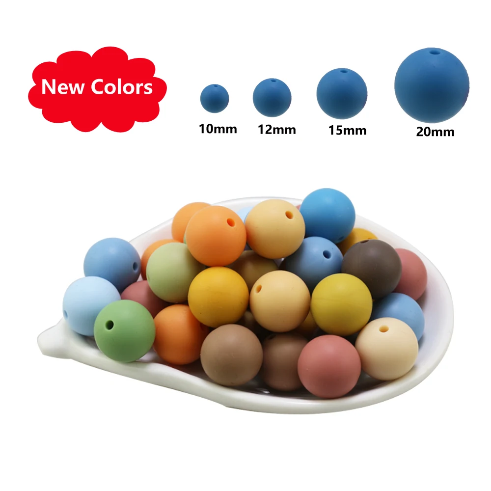 New Colors 20Pcs 10mm 12mm 15mm 20mm Silicone Beads Baby Teething Round Loose Ball Chewable DIY Wood Pearls For Making Pens