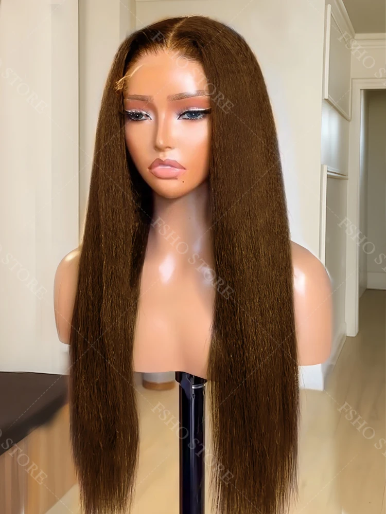 

Ультра-облегающий HD Прозрачный Яки Прямой Парик Фронта Шнурка Бразильский Шоколадно-Коричневый 13x6 Парики Фронта Шнурка Человеческих Волос Предварительно Сорванные