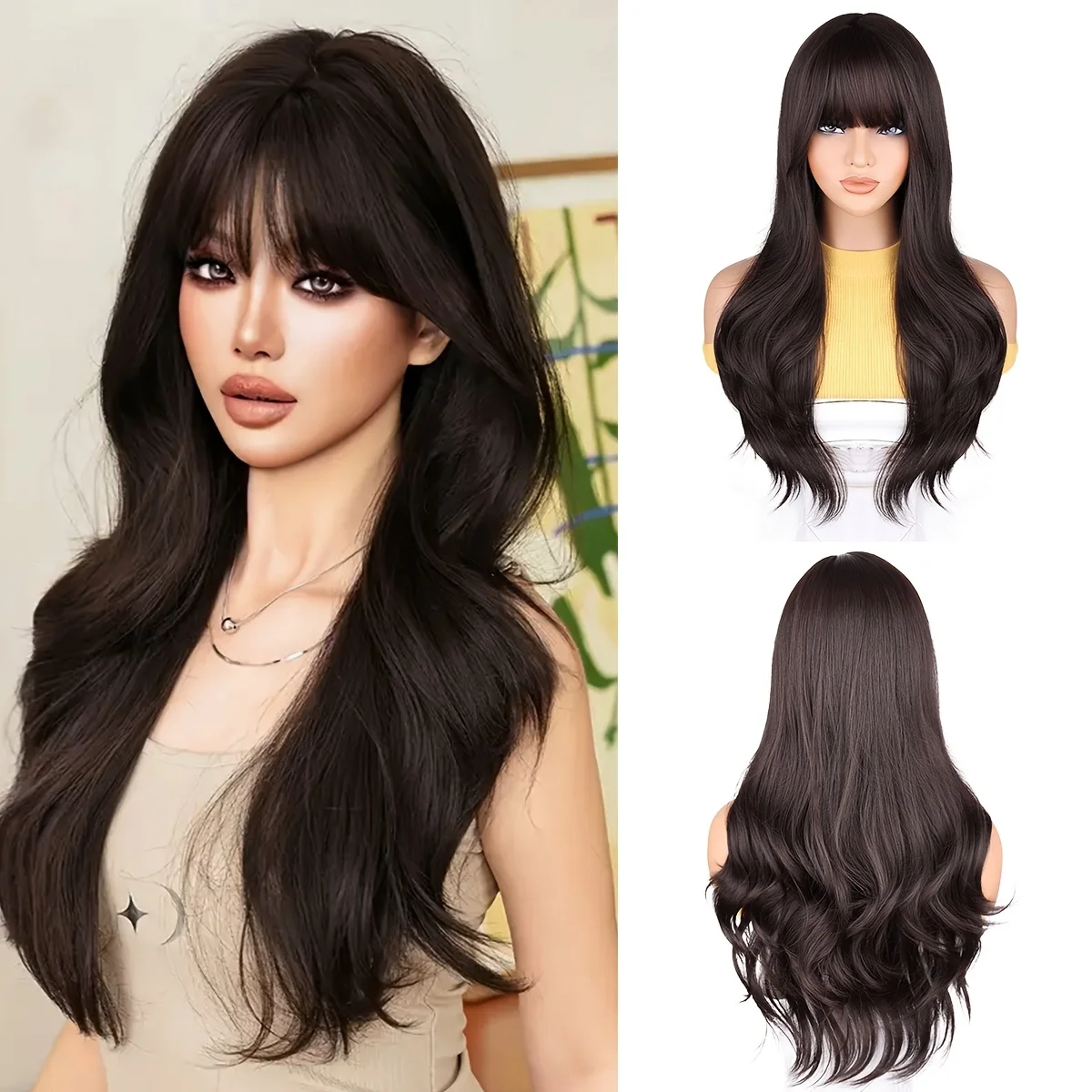 1 stylish dark brown curly wavy wig with bangs, high density rose mesh cap, Cosplay and special occasions