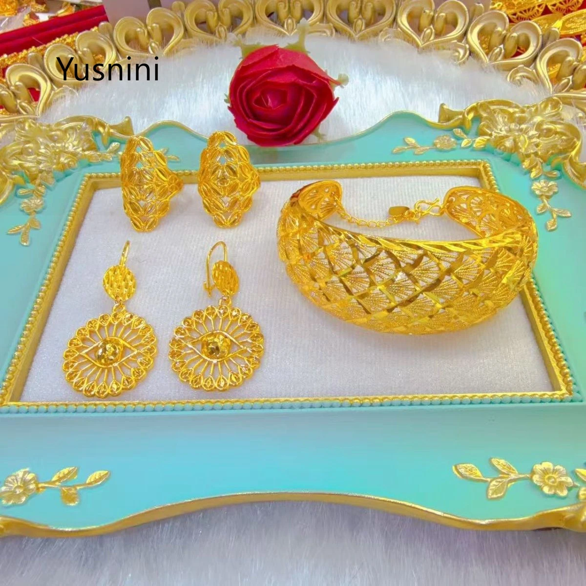 New Dubai Fashion 24K Gold Plated Ring Bracelet Earrings Exquisite Engagement Party Jewelry Set for Lovers