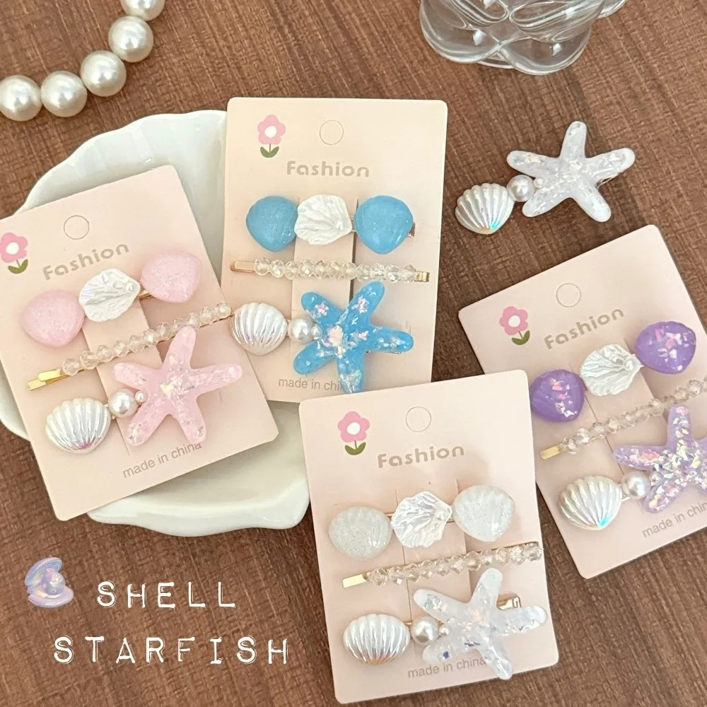 3pcs/Set New Ocean Series Shell Starfish Hair Clips Glitter Purple Hairpins Pearl Barrette Hair Accessories