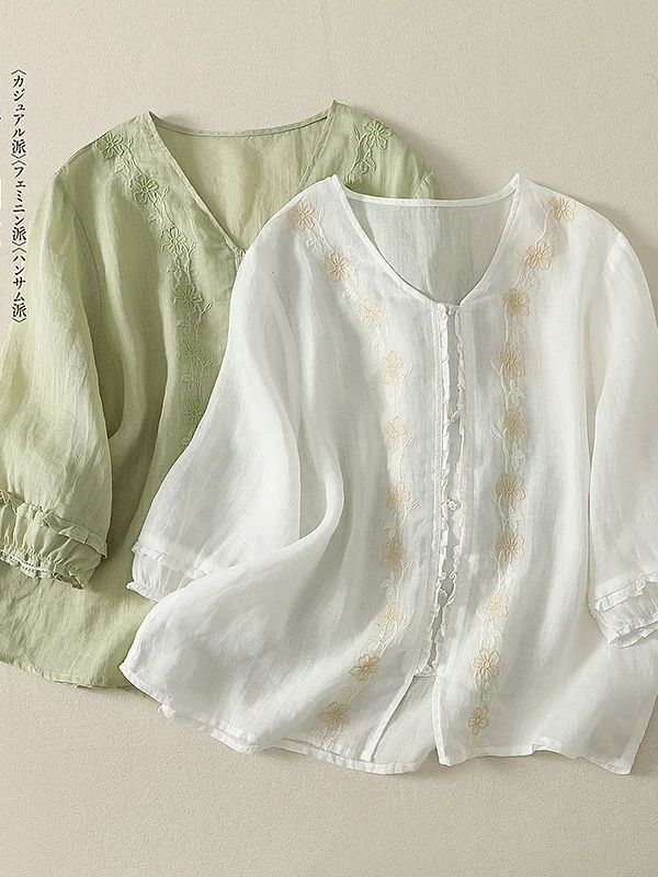 

Retro V-neck Embroidered Shirt Five-quarter Sleeve Breathable Single-button Large Size Korean Japanese Style Artistic Loose Fit