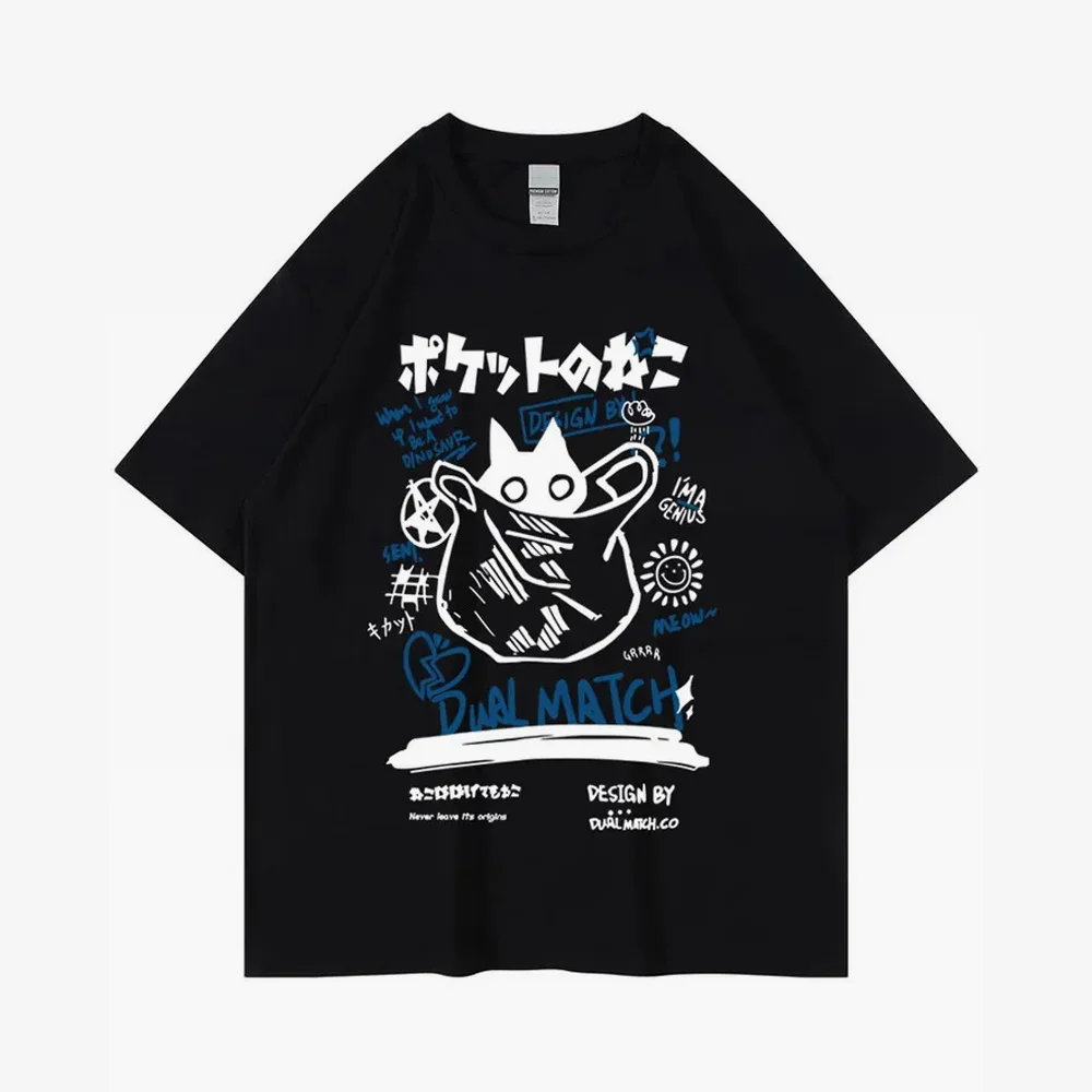 Japanese-style Street-chic T-shirt Featuring A Hand-drawn Black Cat Doodle on The Pocket and A Trendy Versatile Print Tops