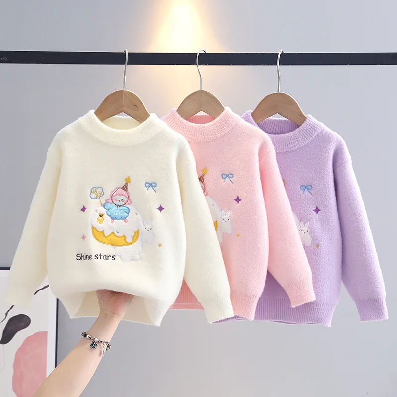 

1-8 Years Baby Cartoon Pattern Sweater Letters Embroidery Long Sleeve Pullover Knit Tops for Little Girls Winter Sweater IY07202