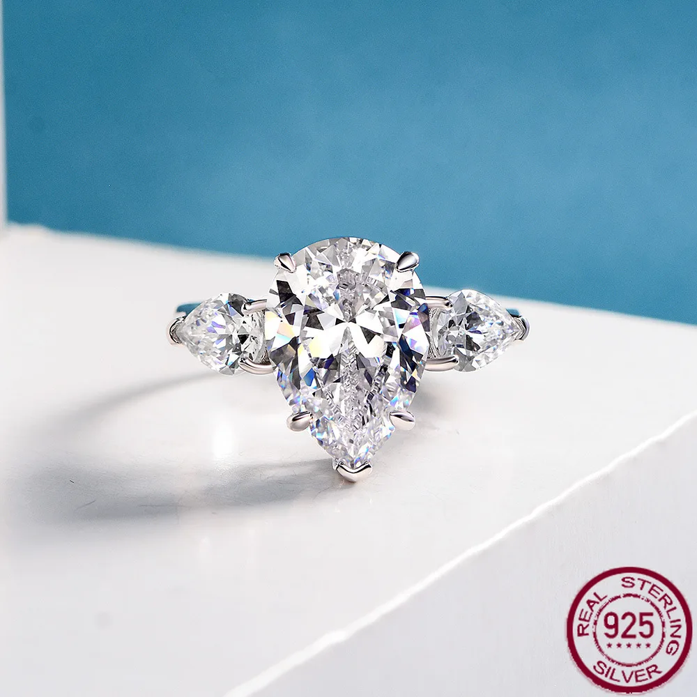 

New S925 Silver Water Drop 10 * 14 High Carbon Diamond 6-Carat Simple Ring for Women's Diamond Engagement Jewelry