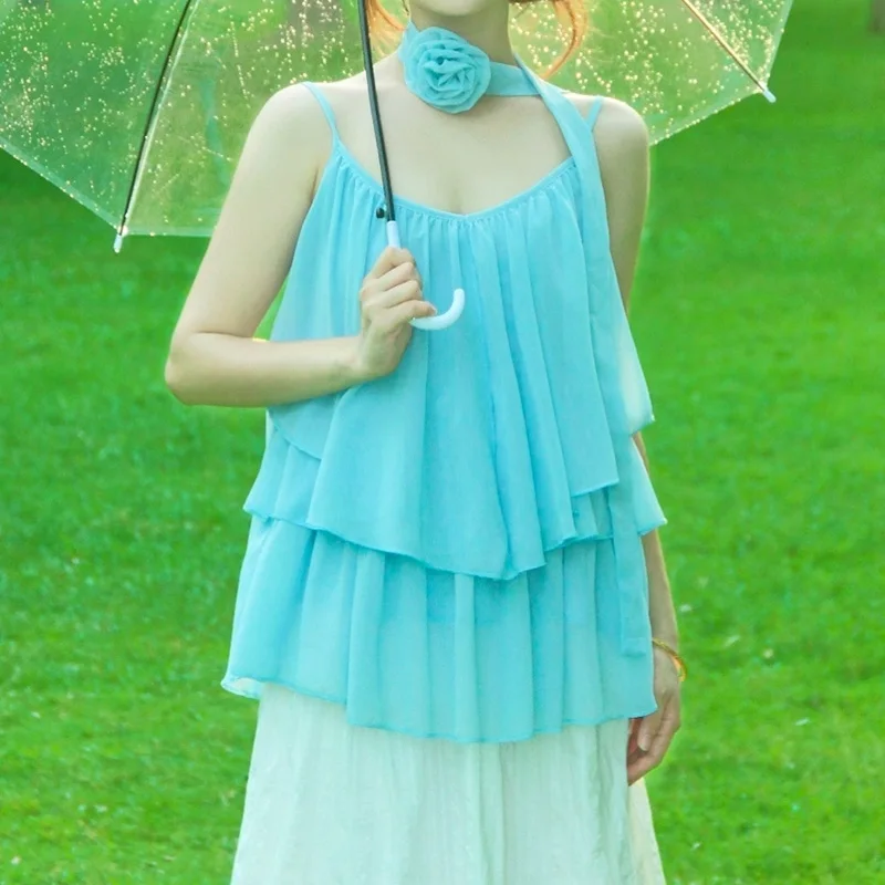 

Korean style irregular design sense suspender vest female summer niche three-dimensional flower ribbon sleeveless lace shirt