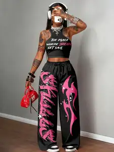 Slogan Graphic Racerback Crop Top & Wide Leg Pants Set for Streetwear, Y2K Style