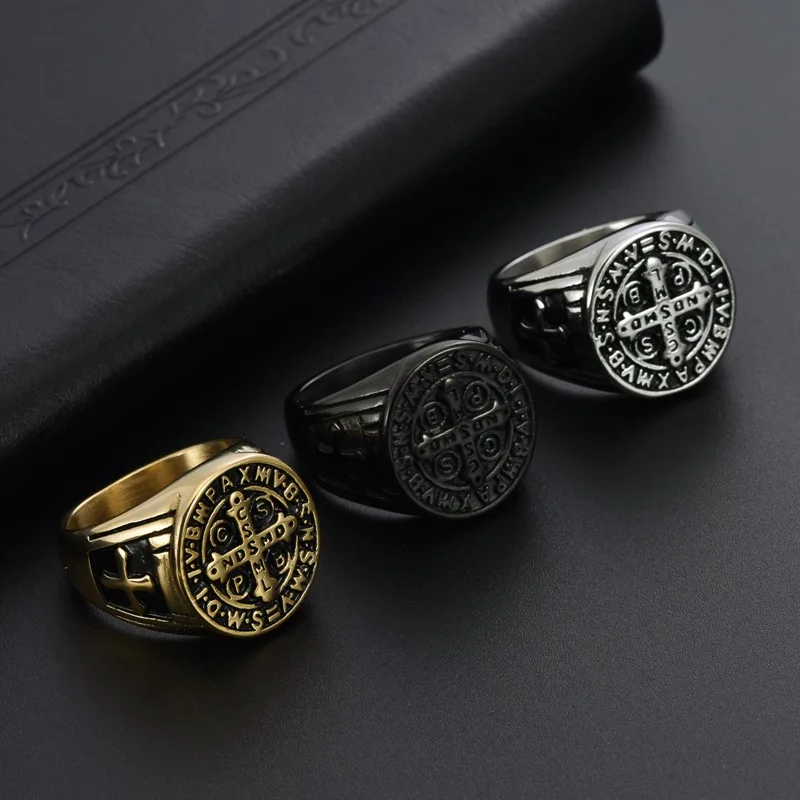 Exorcism Saint Benedict Cspb Cross Men Rings Stainless Steel Retro Punk Rock Women Jewelry Fashion Accessories Gift Wholesale
