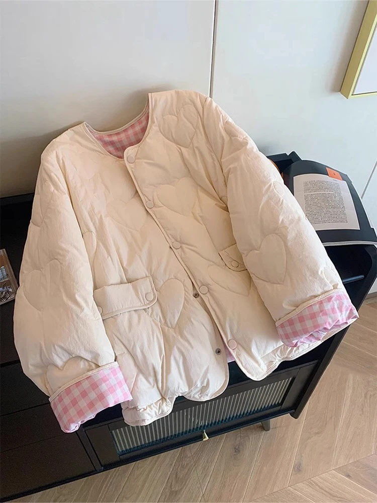 

Korean Sle Sweet Youthful Heart Patchwork Plaid down Cotton Jaet Women's Autumn Winter Faion Versatile Small Size Cotto...