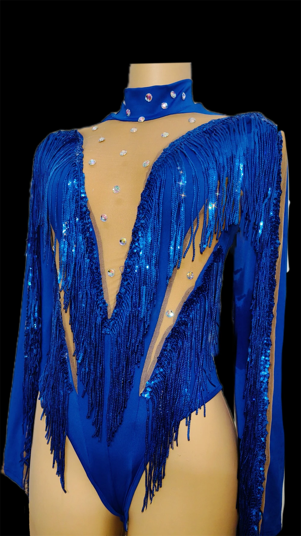 New Flashing Blue Fringed Rhinestones Bodysuit Women Stretch Gogo Dancer Costume Bar Nightclub Dj Ds Party Rave Outfits