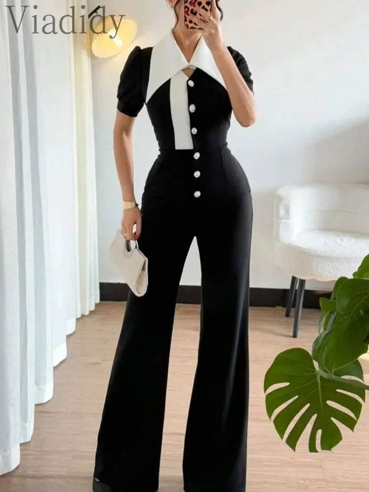 

Женский элегантный комбинезон с цветными блоками, отложным воротником, застежкой на пуговицы, широкими штанинами, высокой талией, для офиса, вечеринок, торжественных мероприятий