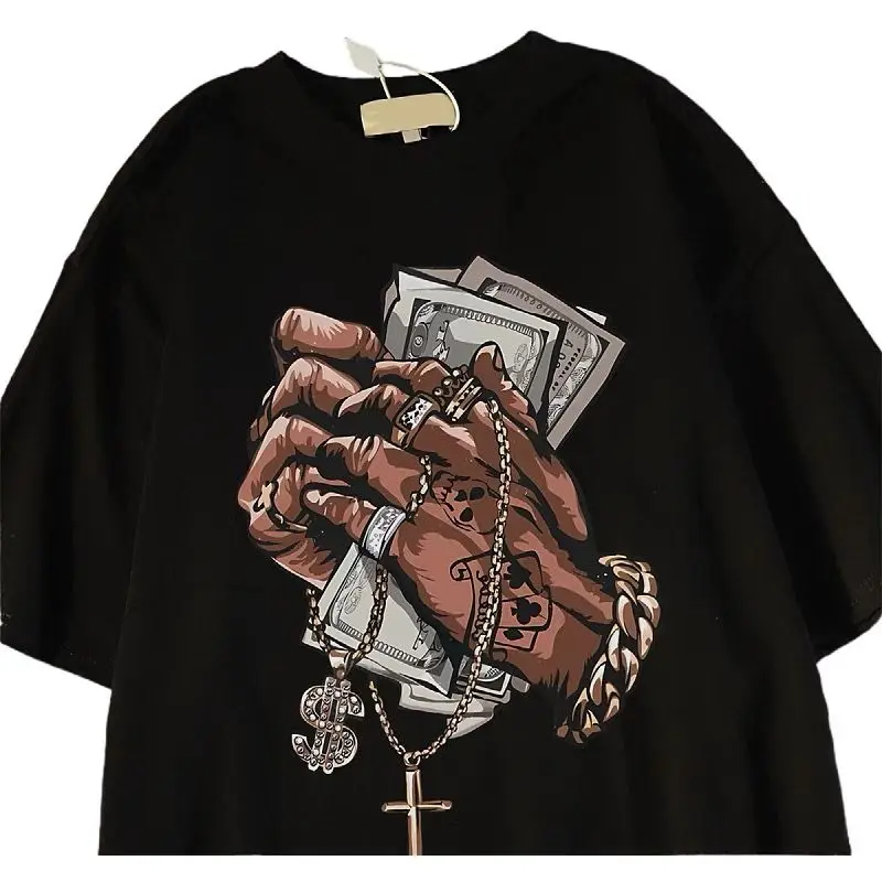 American hip hop dollar print short sleeved t shirt for men summer oversize European and American half sleeved trend top T-shirt