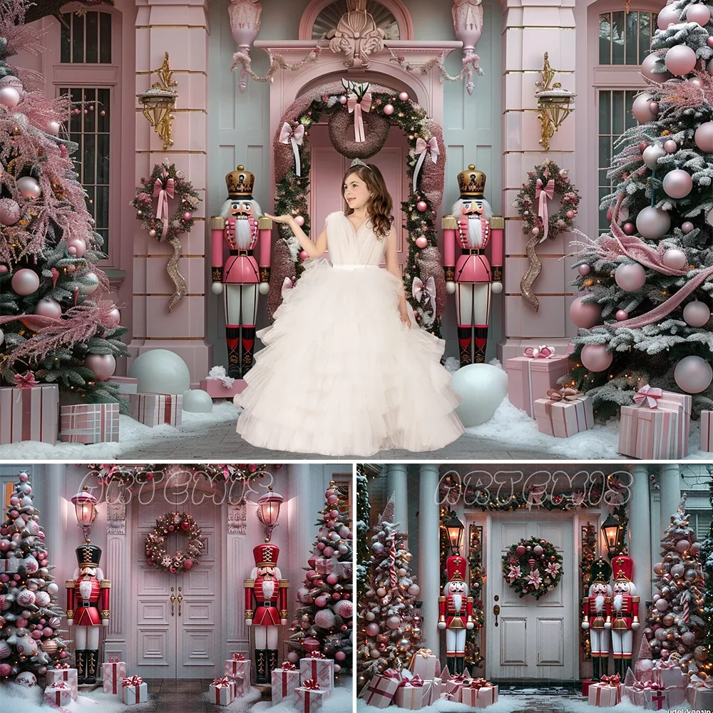 Winter Christmas Backdrop Entrance To House Decorated Christmas Tree Wreaths Pink Nutcracker Statues Baby Photo Studio Photocall