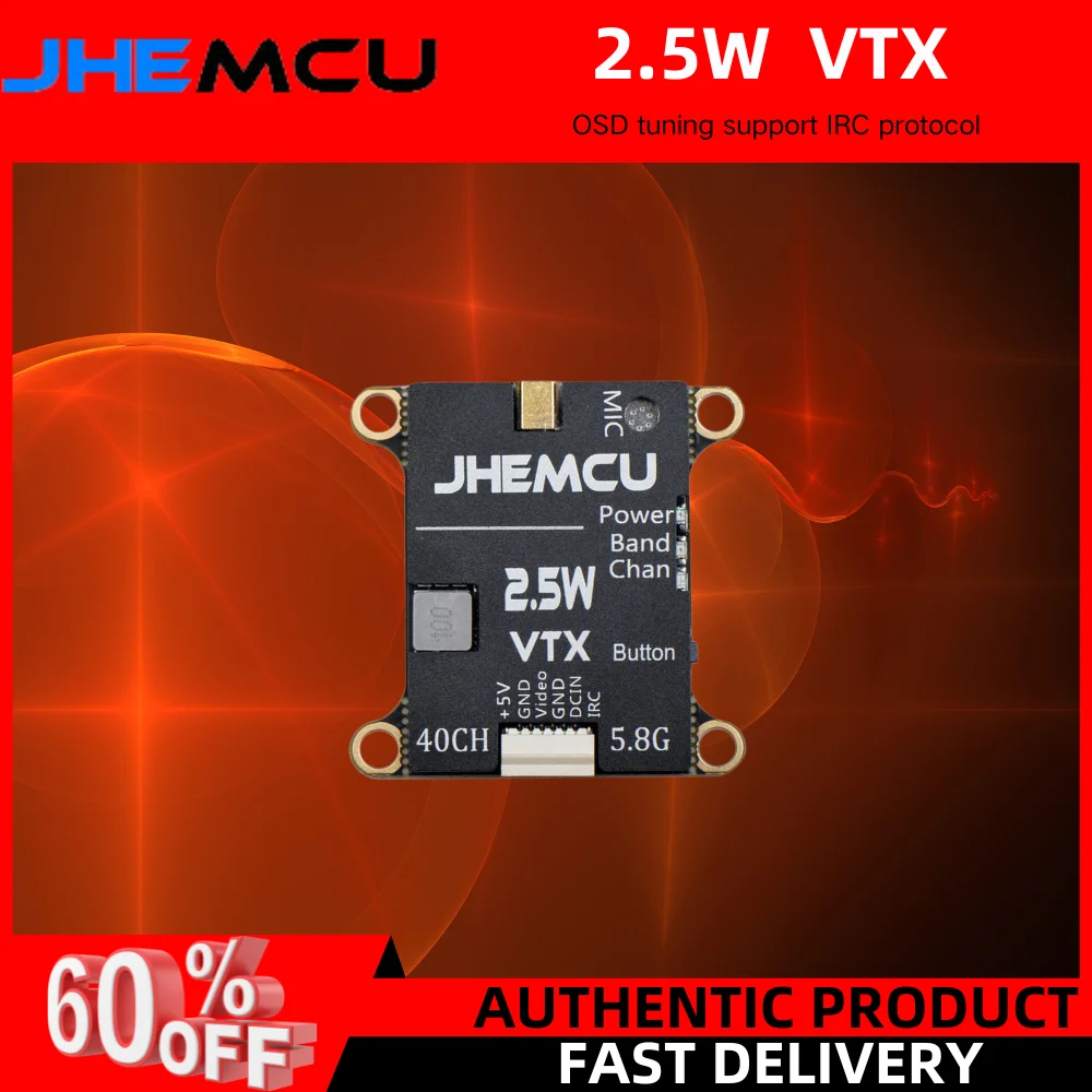 

JHEMCU 2.5W VTX 5.8G 40CH Adjustable FPV Transmitter Built-in Microphone Heat Sink 2-6S 30X30mm for RC Airplane FPV Long Range