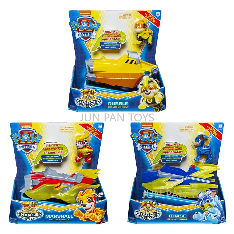 Nickelodeon Paw Patrol Mighty Pups Charged Up Rubble Marshall Chase Deluxe Vehicle with Lights and Sounds Children's Toy Car Boy