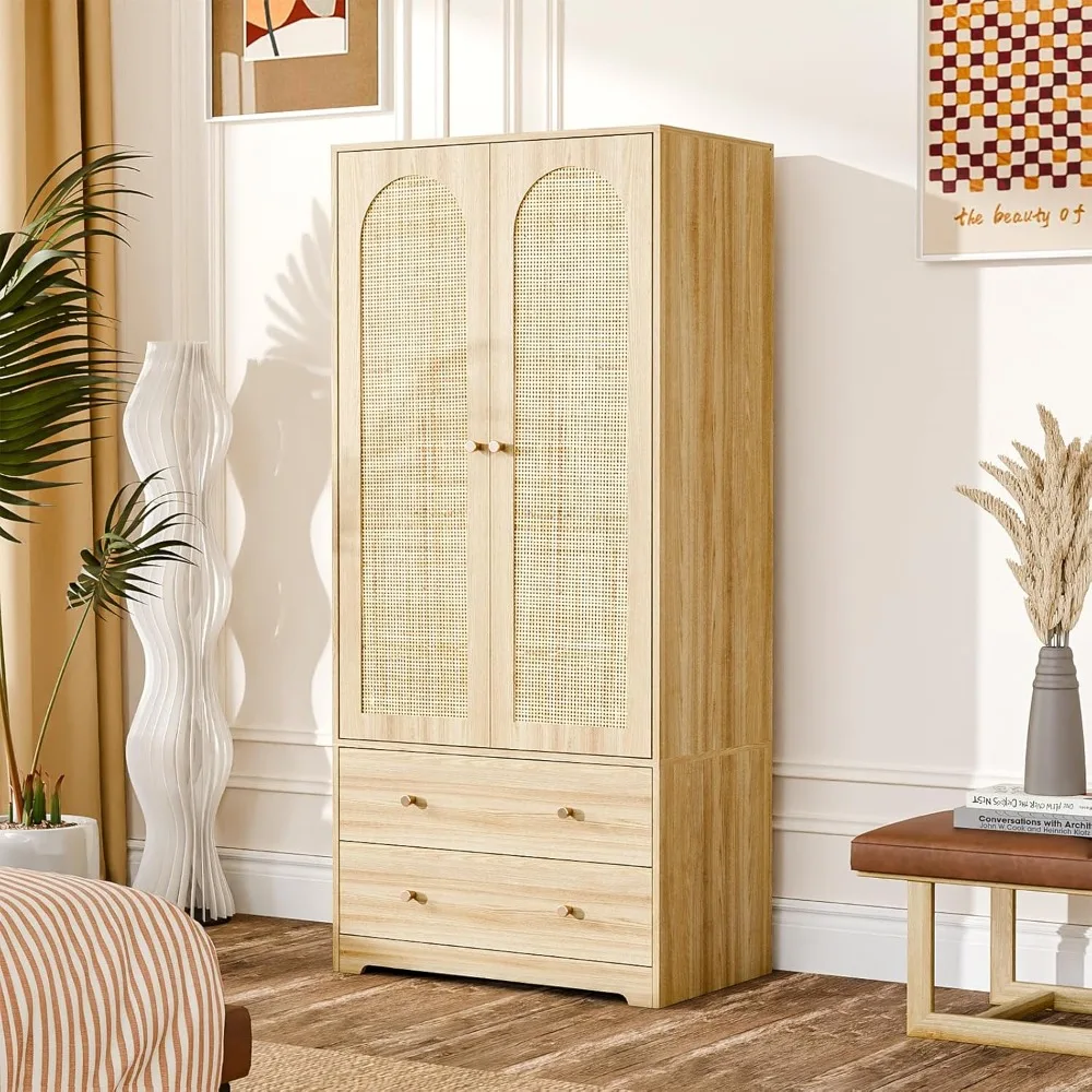 Armario con puertas, armario de ratán con cajones y barra colgante, armario de almacenamiento Boho Chic con espejo