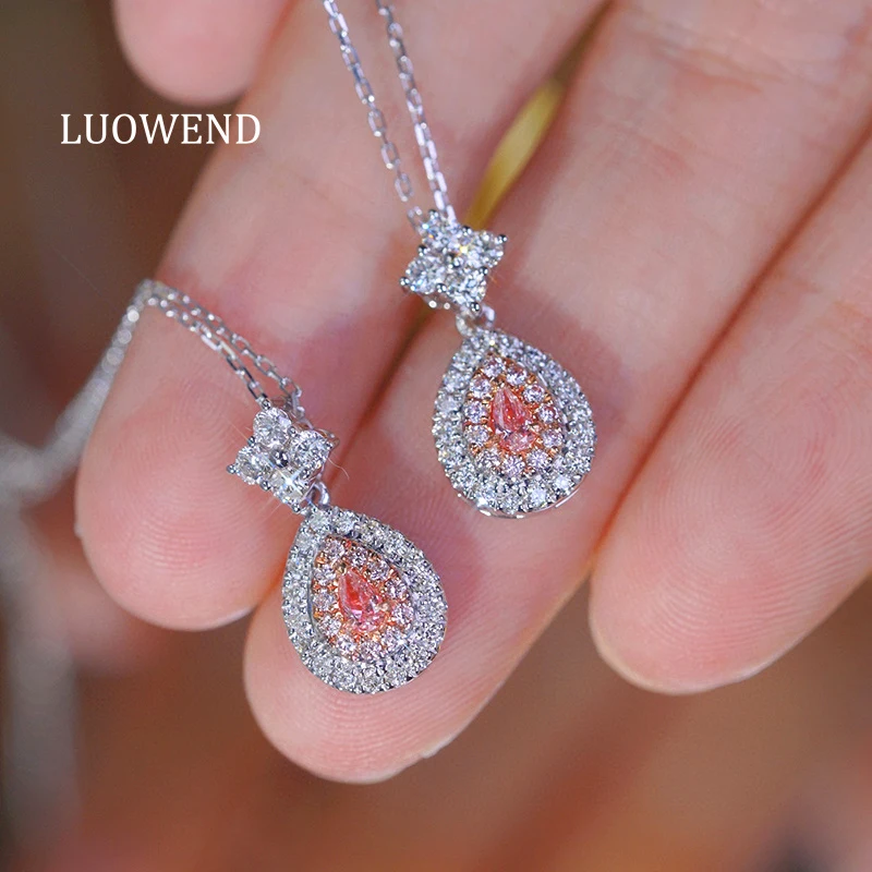 Luowend 100% 18k colar de ouro branco real natural rosa diamante pingente colar para mulheres estilo romântico alta jóias de casamento