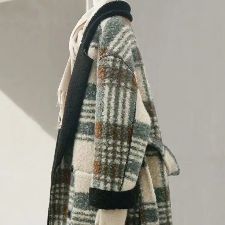 High End Retro Double-Sided Plaid Long Coat For Women In Autumn And Winter, Lambhair Lapel Splicing Loose Jacket
