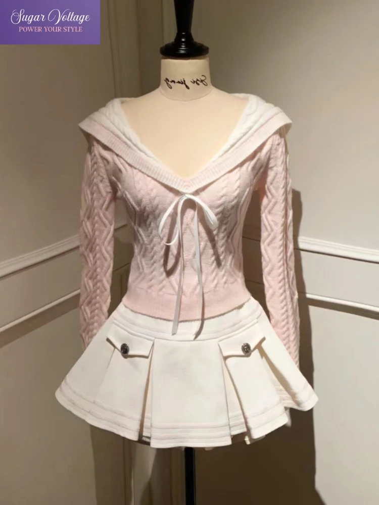 

Корейский популярный академический стиль, сладкий комплект из 2 предметов, женская одежда, темно-синий вязаный свитер с воротником + плиссированная юбка с высокой талией, модный наряд