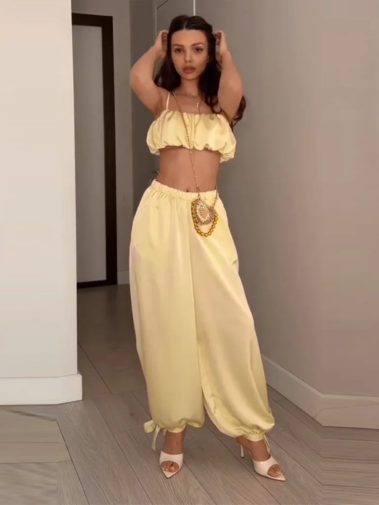 Plissierte kurze Tube-Tops, Hosenanzüge für Damen, sexy Spaghettiträger, ärmelloses, kurzes Top, elastische Taille, Schnürhose, neue Outfits – Detail 19