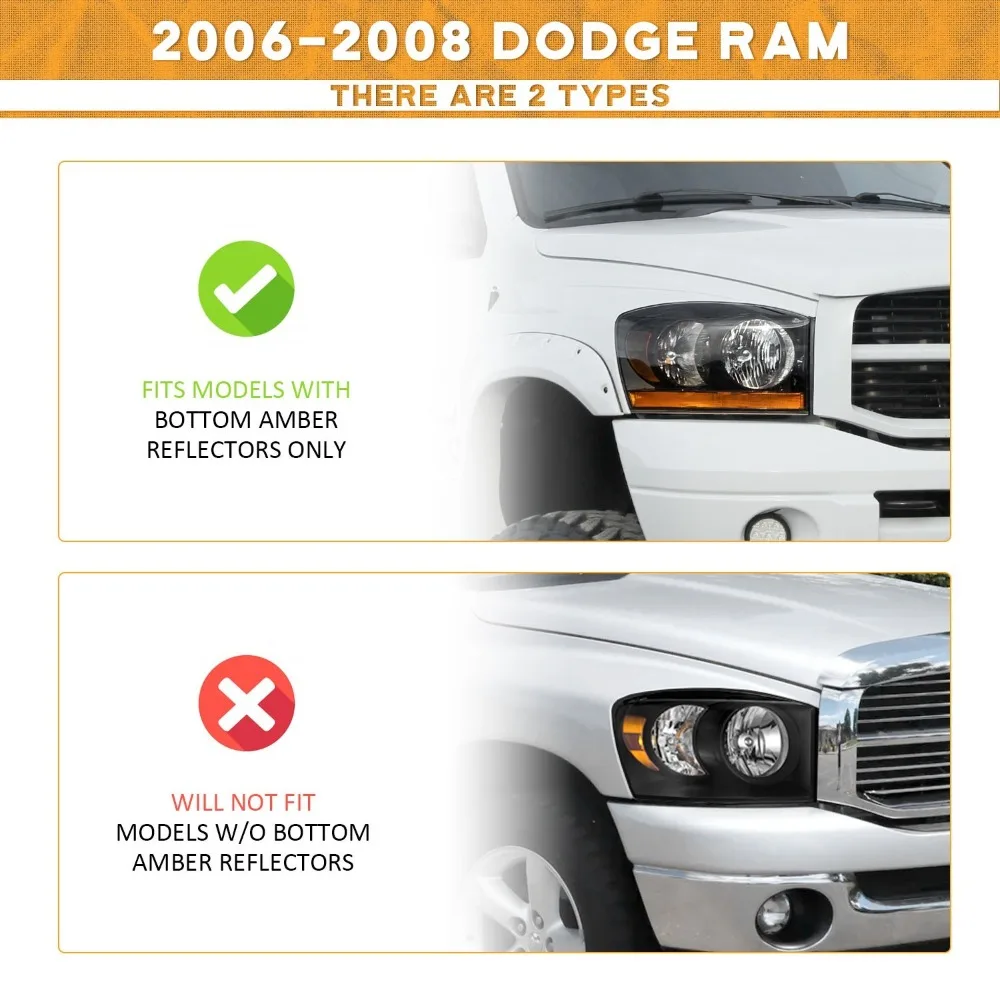 For 2006-2008 Dodge Ram 1500 2500 3500 Black Headlights w/Bottom Amber L+R Pair