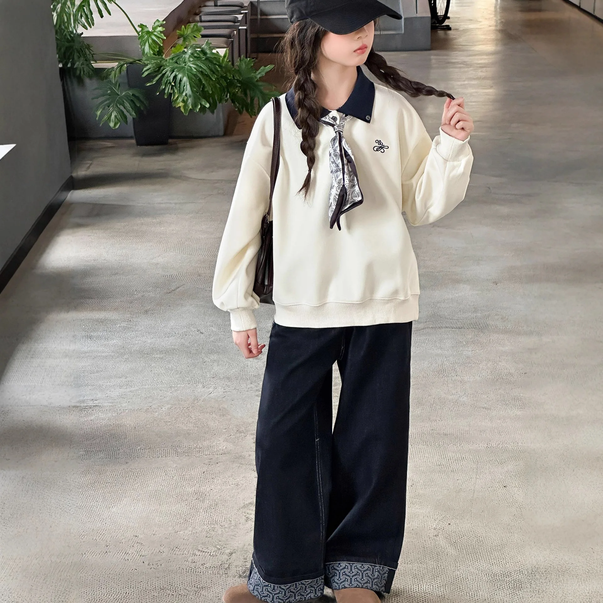 

Two-piece Set Grils Children Autumn New Fashionable Polo Collar Sweatshirt Cool Personality Solid Casual All-matching