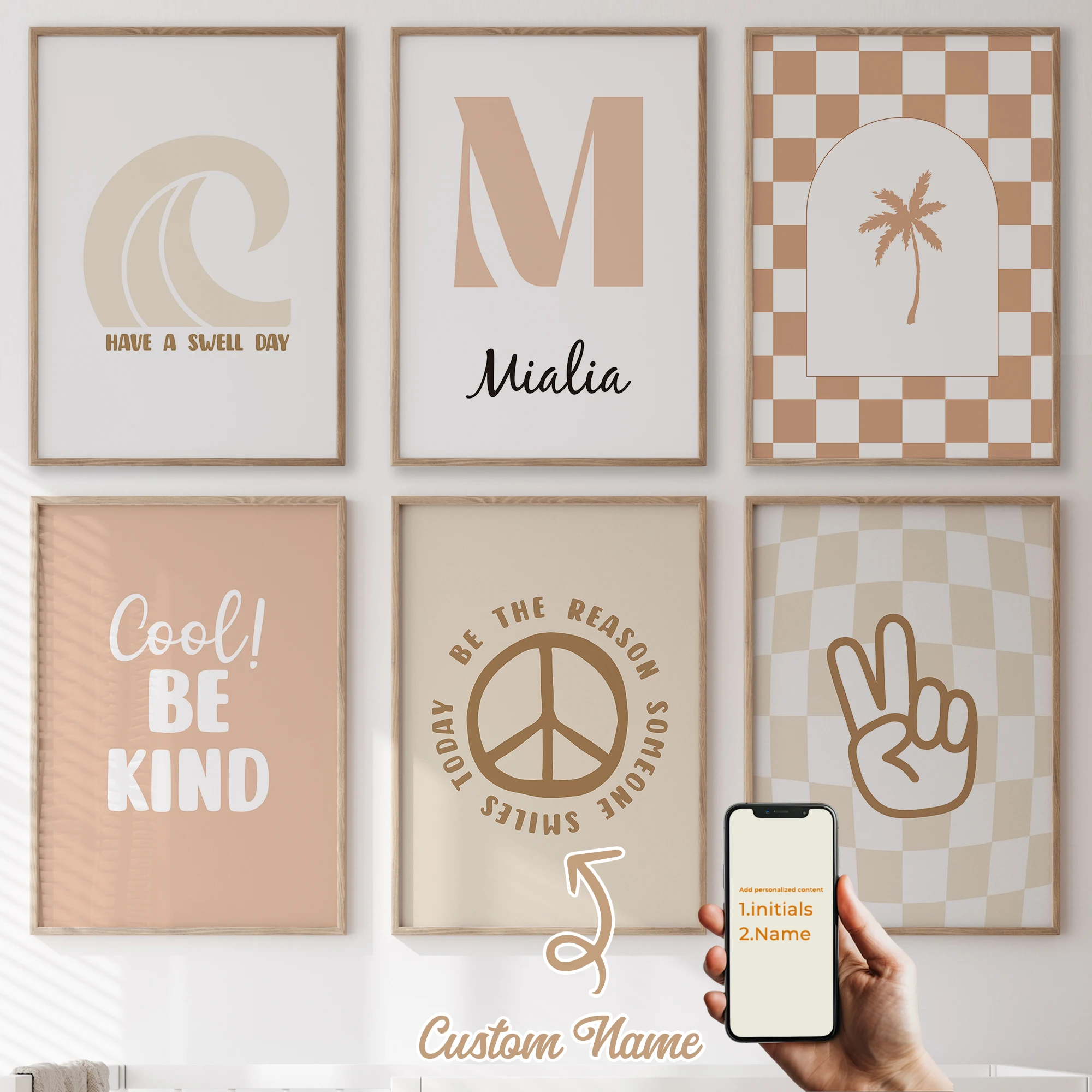 

3Pcs/6pcs Personalized Custom Name Cute Cartoon Wave Wall Art Print Picture For Living Room Kids Boy Room Home Decor Gift