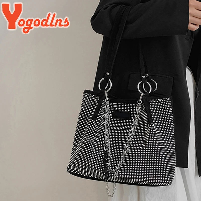 Yogodlns Luxury Rhinestone Bucket Bag For Women Fashion Brands Shouldr Bag Trendy Underarm Bag Shopping Handbag Purse Bolsa