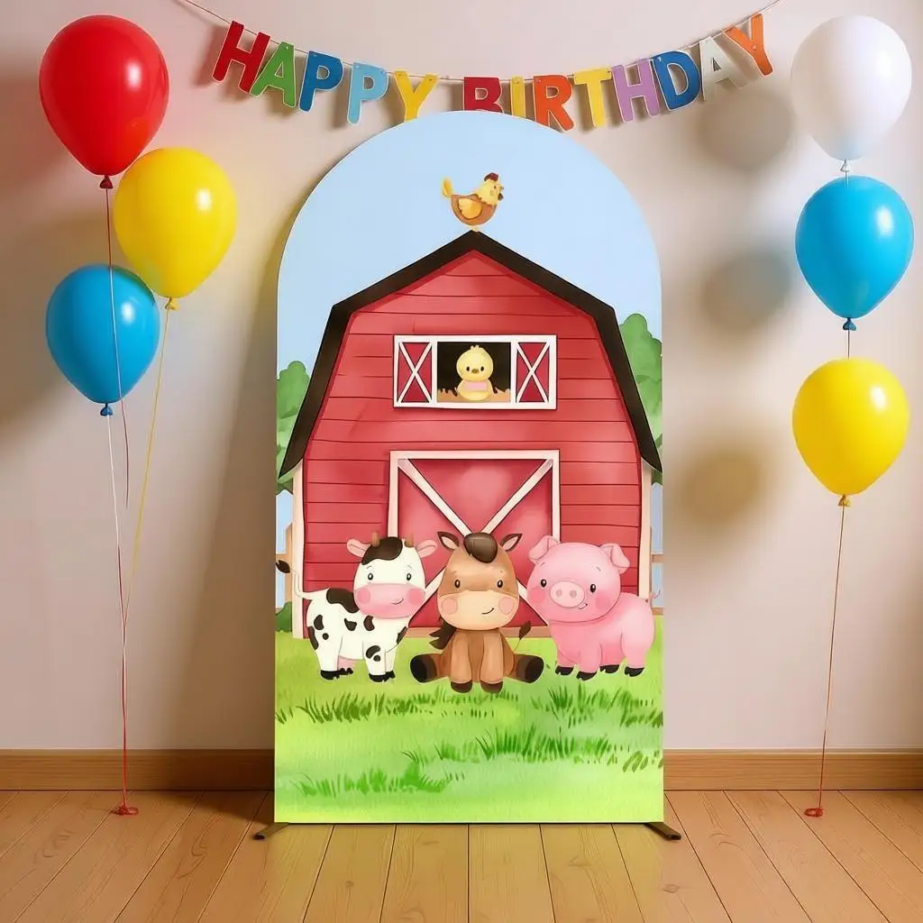 Farm Party Arch Cover Backdrop Barn White Black Cow Pink Plaid Background Newborn Birthday Party Decor Spandex Arch Stand Cover