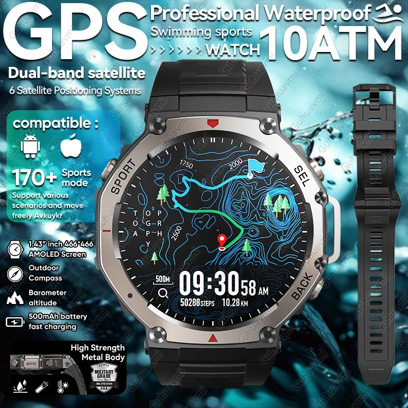 T-Rex 3 GPS ساعة ذكية 10 ATM مقاوم للماء المدمج في ثنائي النطاق GNSS تحديد المواقع البوصلة 500mAh الرياضة العسكرية سوار ذكي الرجال #1