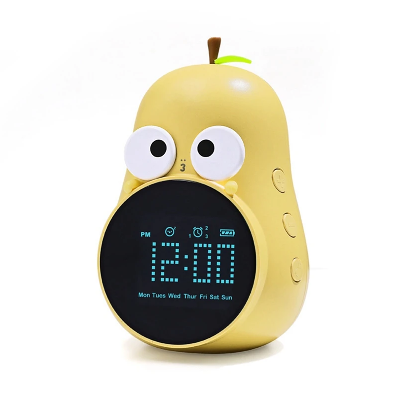 Alarm Clock For Kids Cute Pear Design, Snooze, Triple Alarms, 5 Ringtones- Digital Wake Up Clock Rechargeable Easy To Use Yellow