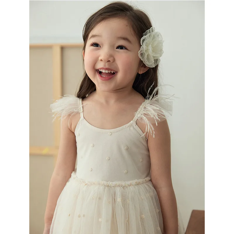 Baby Girl Dress Child Princess Summer Feathered Vest Slip Dress Baby Girls Birthday Dresses Mesh Dress Cute Fashion Long Skirt