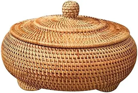 

Круглые плетеные коробки из ротанга с крышкой, ручной работы, многофункциональный плетеный поднос 11 дюймов, корзина для пикника, еды, хлеба, хранения на столе