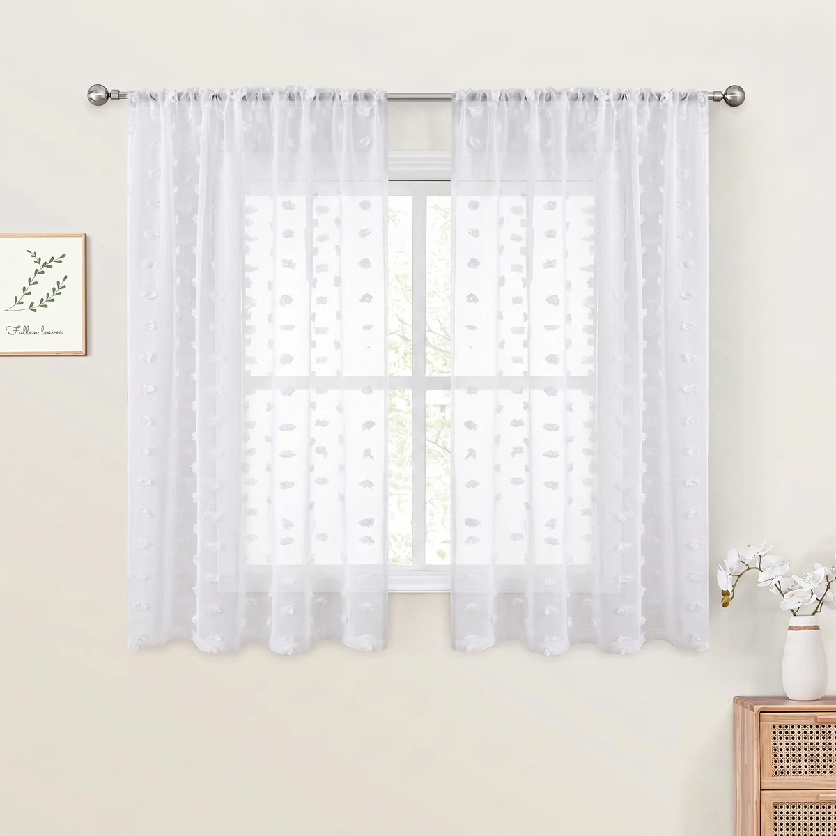 1 Piece, Available in Multiple Colors: White/Orange/Pink/Olive Green/Black/Red. Modern Minimalist Pompom Semi-Transparent Sheer Curtain, Rod Pocket Top, Three-Dimensional Pom-Pom Jacquard, Lightweight and Soft, Light-Filtering Decoration, Polyester, Washable, Cute and Sweet Style, Suitable for Bedroom, Living Room, Office, Kitchen, Dormitory, Courtyard