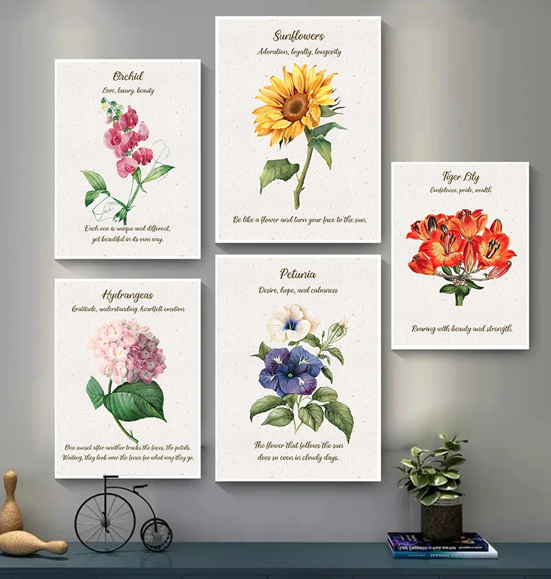 Retro Minimalist Flower Simple Poster Sunflower Lily Language of Flowers Prints Canvas Painting Wall Art Picture Home Room Decor