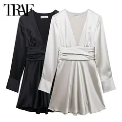 TRAF Women's Short Dresses 2024 Summer Autumn Elegant Pleated Mini Dresses Ladies Fashion Casual Long Sleeve Silver Black Dress